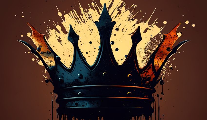 A crown with paint splatters on a brown background.