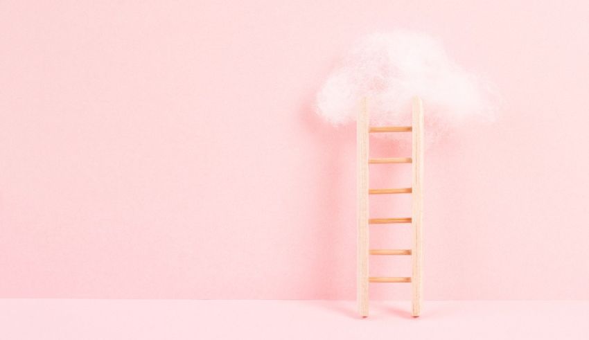 A ladder with a cloud on top of it on a pink background.
