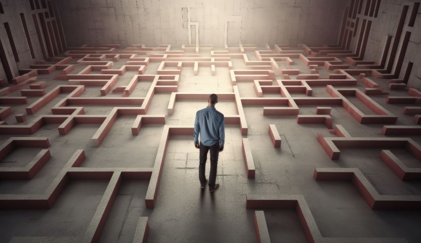 A man is standing in the middle of a maze.