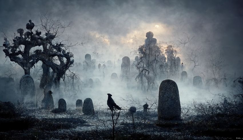 A cemetery with crows and tombstones in the fog.