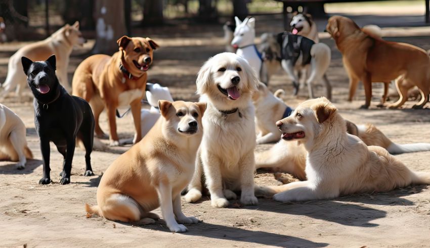 A group of dogs sitting on the ground in a park.