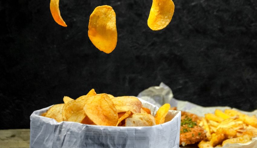 A bowl of chips and a bowl of fries.