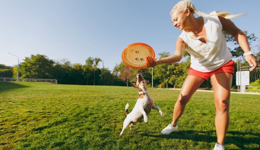 A woman catching a frisbee with her dog.