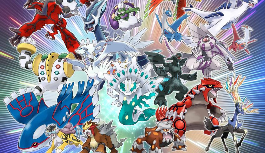 A group of pokemon in a colorful background.