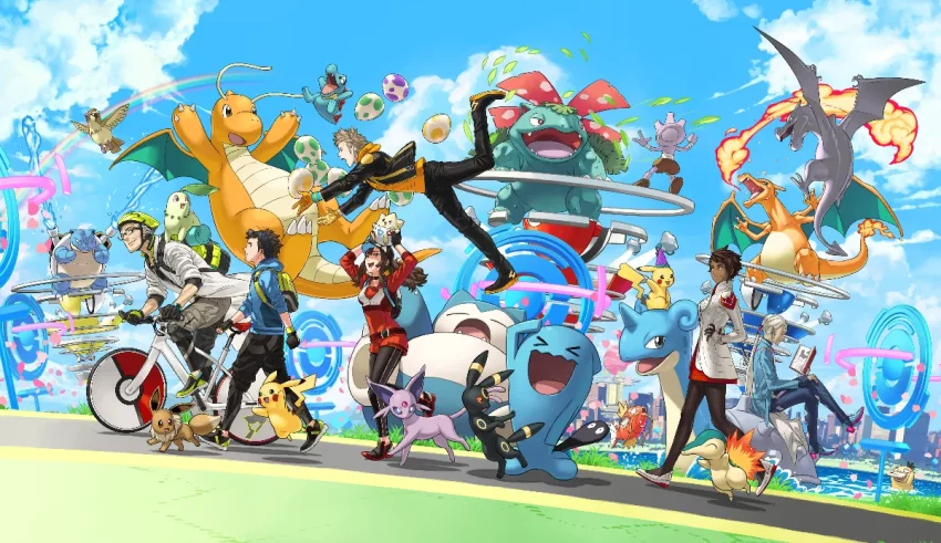 A group of pokemon characters posing in front of a city.
