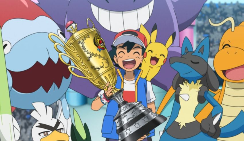 A group of pokemon characters with a trophy in front of them.