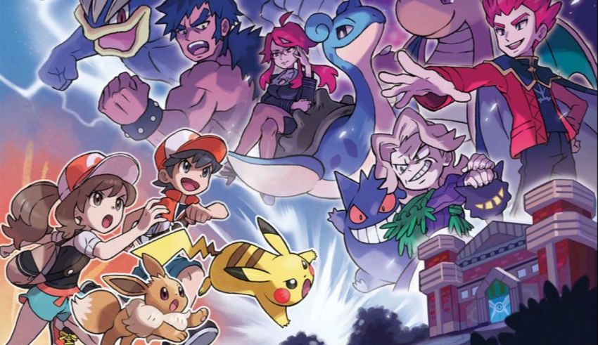 The pokemon movie poster with many characters in front of a building.