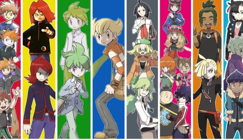 A group of pokemon characters standing in a row.