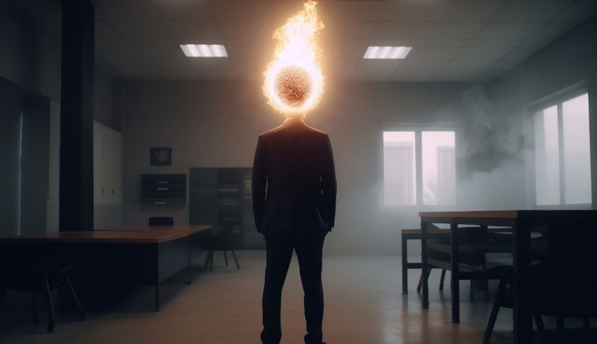 A man in a suit standing in a room with fire coming out of his head.