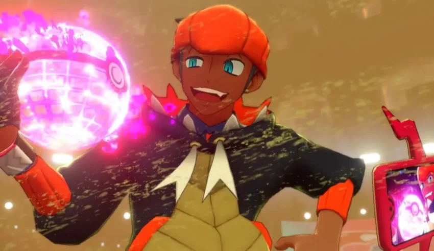 A character in a pokemon game holding a ball.