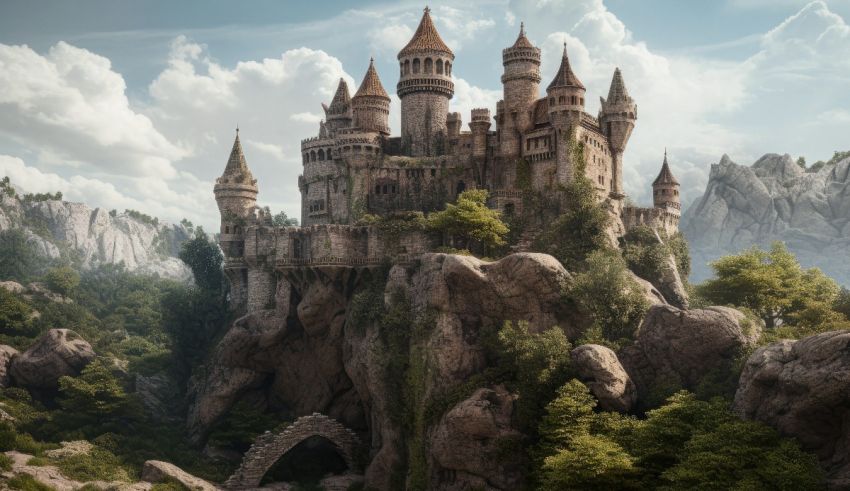 A fantasy castle sits on top of a rocky cliff.