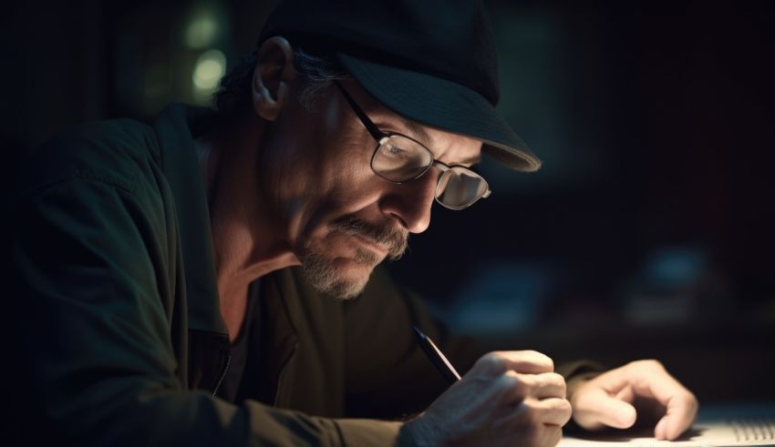 A man wearing glasses and a hat is writing on a piece of paper.
