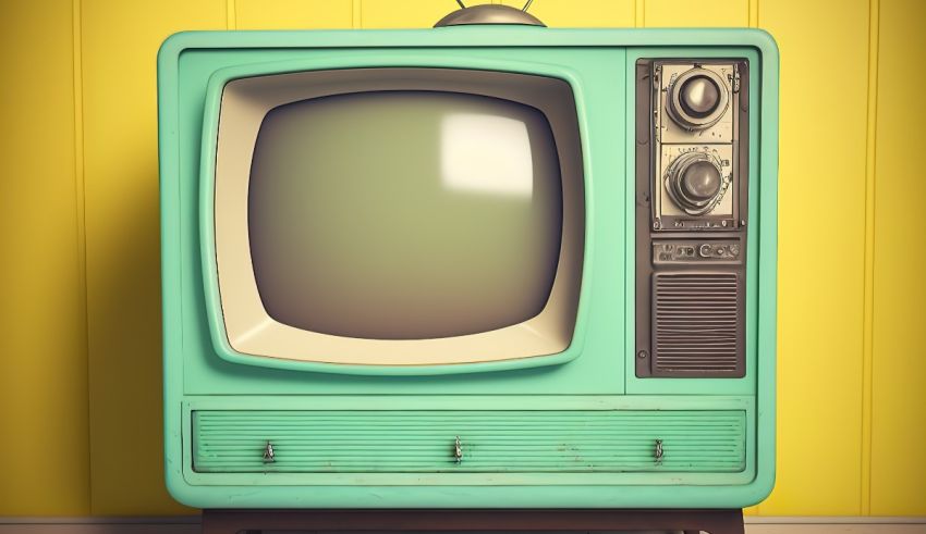 An old tv on a yellow background.
