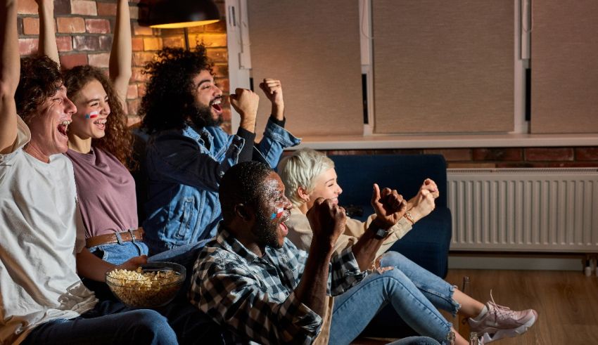 A group of people watching tv in a living room.