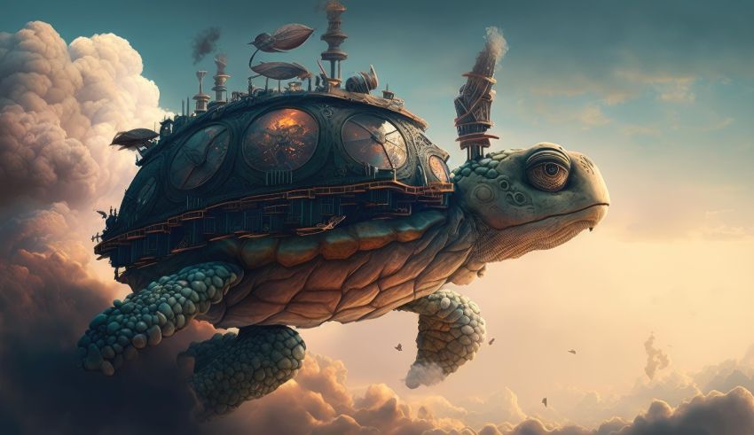 An image of a turtle flying through the clouds.