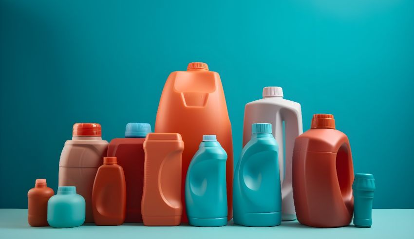 A group of bottles of laundry detergent on a blue background.