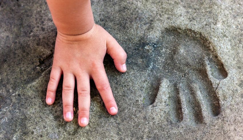 A child's hand print on a rock.
