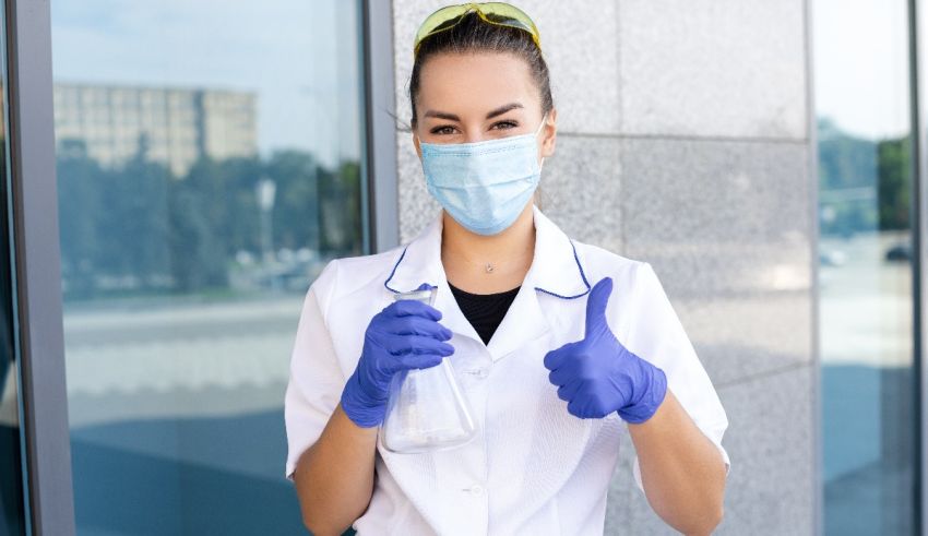 A woman wearing a mask and gloves is giving a thumbs up.