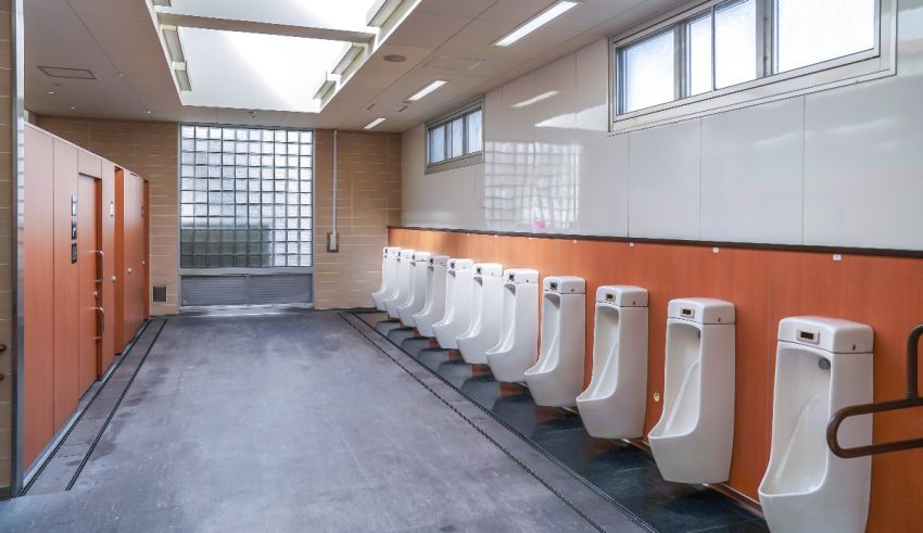 A row of urinals in a bathroom.
