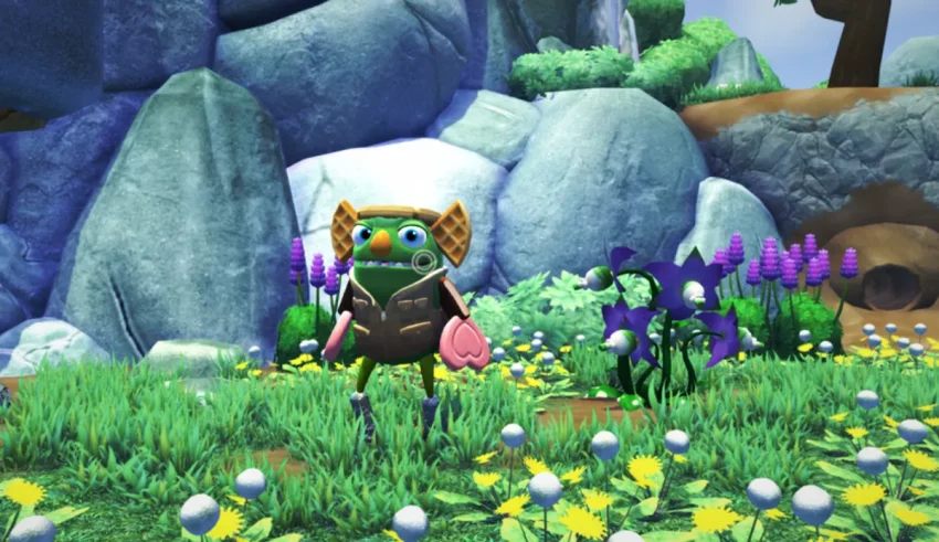 A cartoon character is standing in a field of flowers.