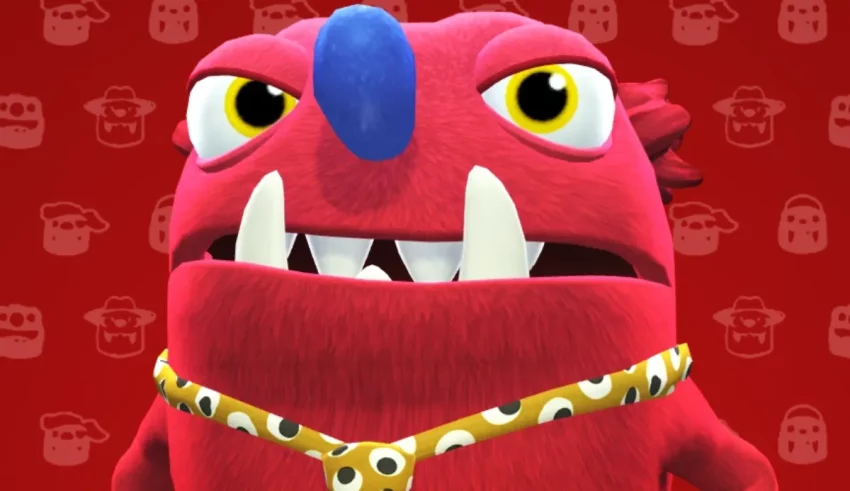 A red monster with big teeth and a blue collar.