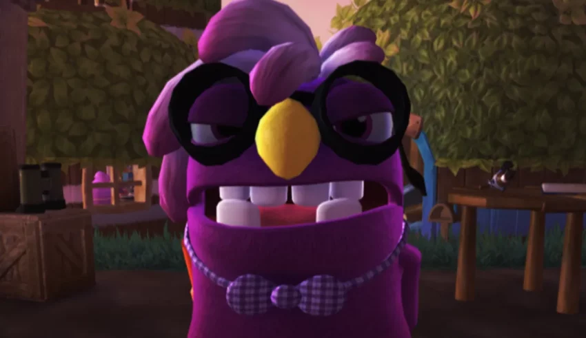 A purple bird wearing glasses and a bow tie.