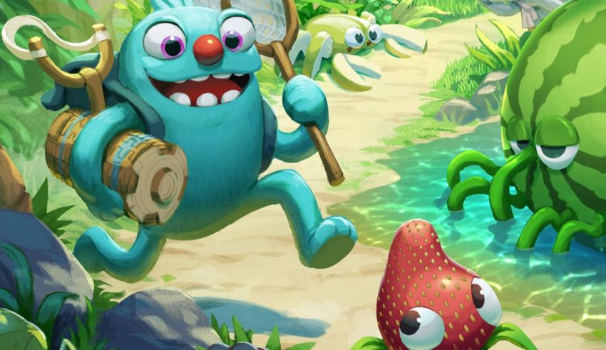 A blue monster is running through the jungle with a watermelon in his hand.
