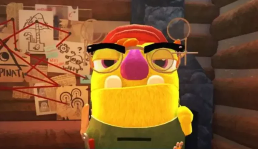 A yellow character with glasses in front of a wall.