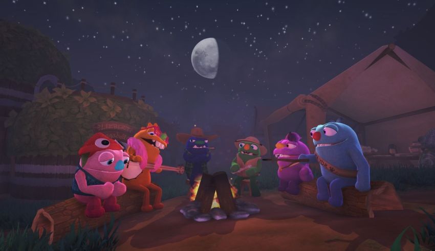 A group of characters sitting around a campfire at night.