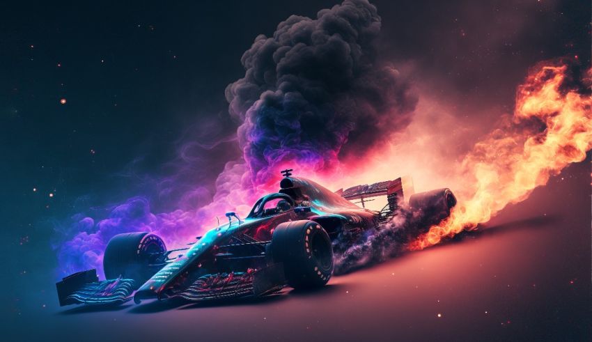 An image of a racing car with smoke coming out of it.