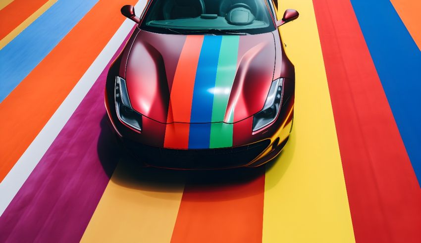 A red sports car on a colorful background.