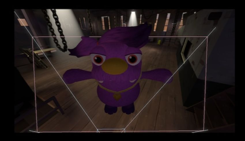 A purple animal is standing in a room.