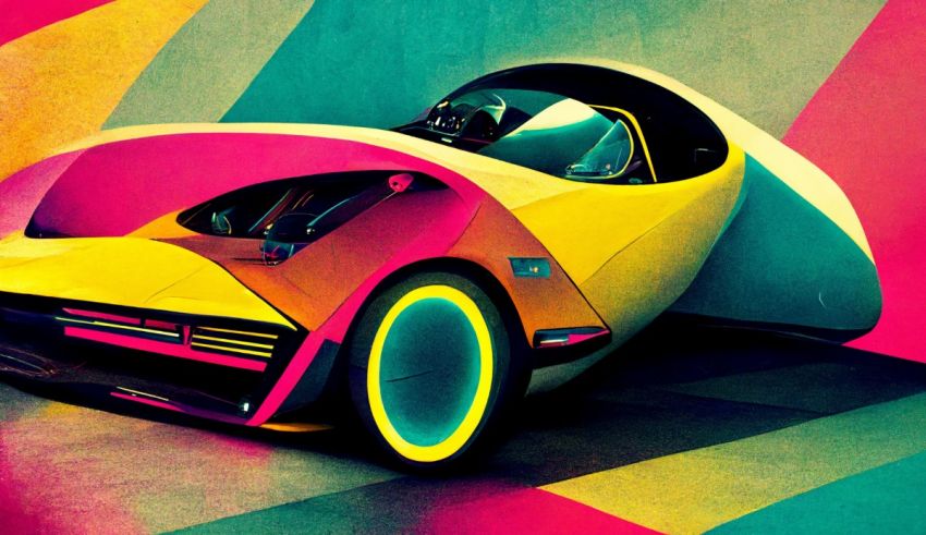 A futuristic car is parked in a colorful room.
