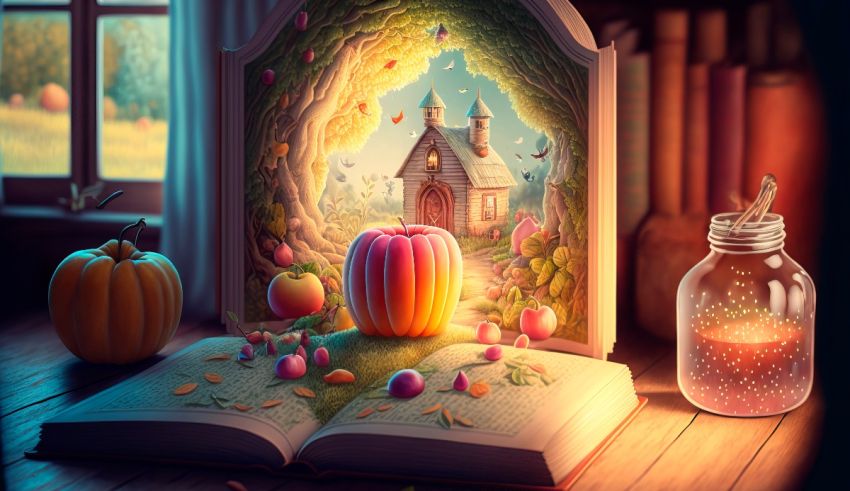An open book with pumpkins and candles on it.