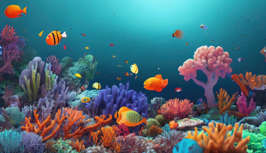 A colorful coral reef with fish and corals.