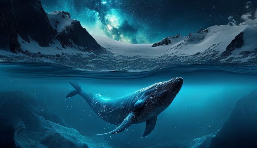 A humpback whale swimming in the ocean under a starry sky.