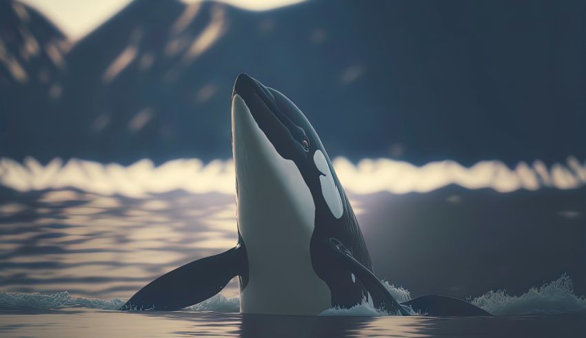 An orca whale in the water with mountains in the background.