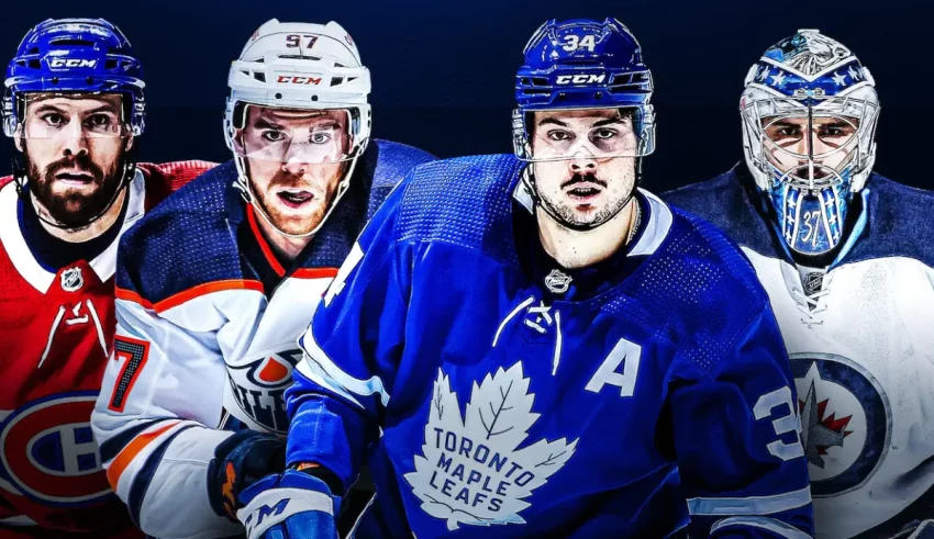 A group of nhl players are standing in front of a blue background.