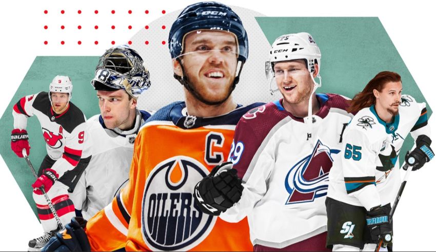 A group of nhl players are standing in front of a white background.