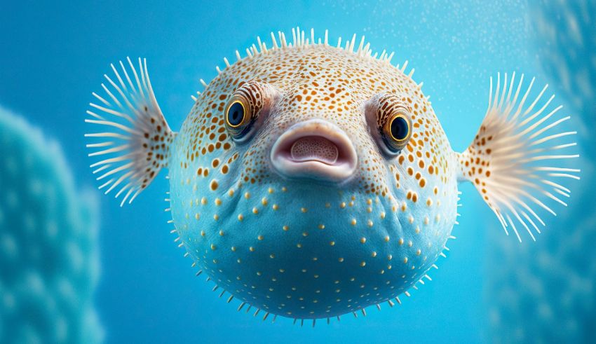 A puffer fish is swimming in the water.