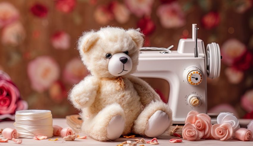 A teddy bear sits next to a sewing machine.
