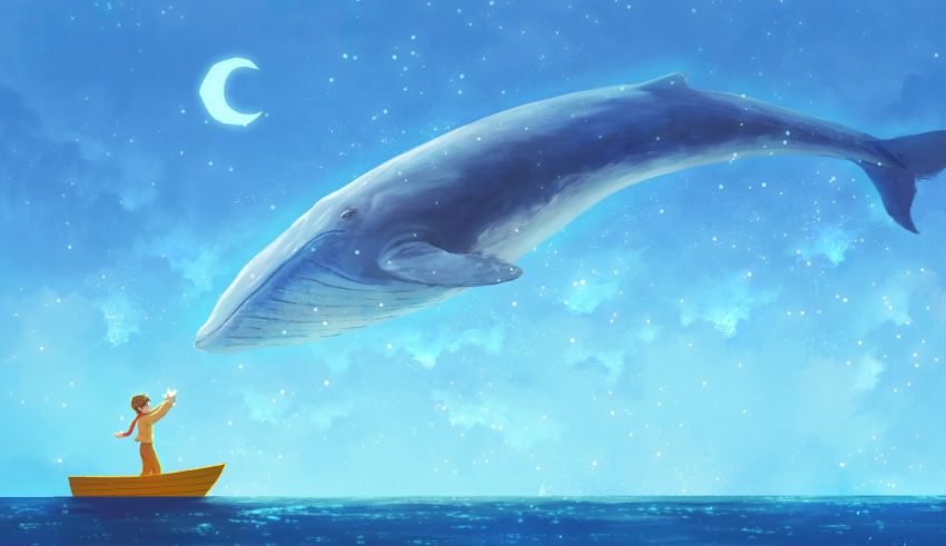 A man in a boat looking at a whale in the night sky.