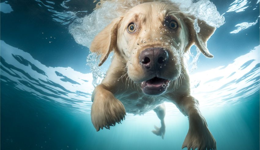 A dog swimming underwater with its mouth open.