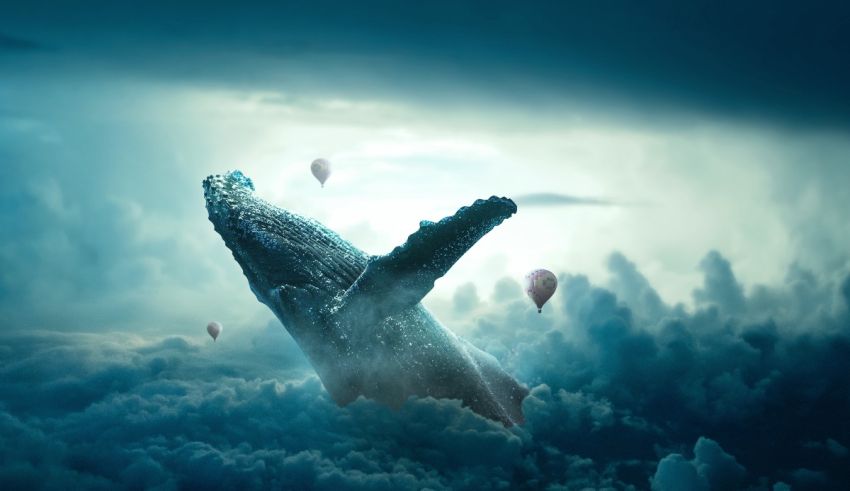 A humpback whale flying through the clouds with balloons.